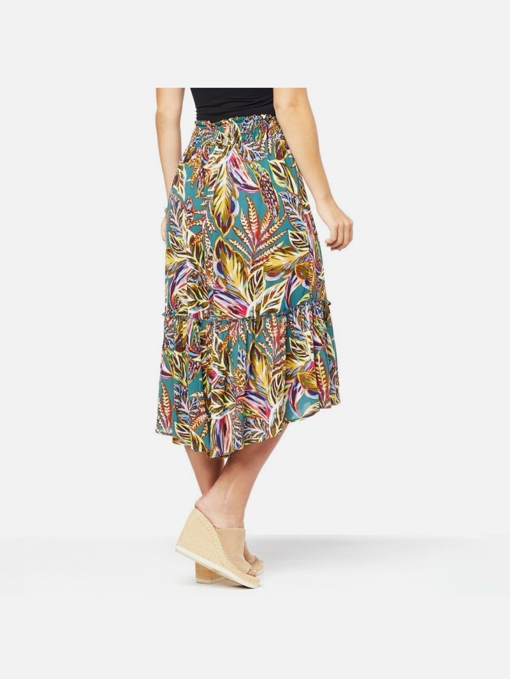 Democracy tropical leaf print evergreen Flounce Hem high low Midi Skirt XL - Picture 2 of 11